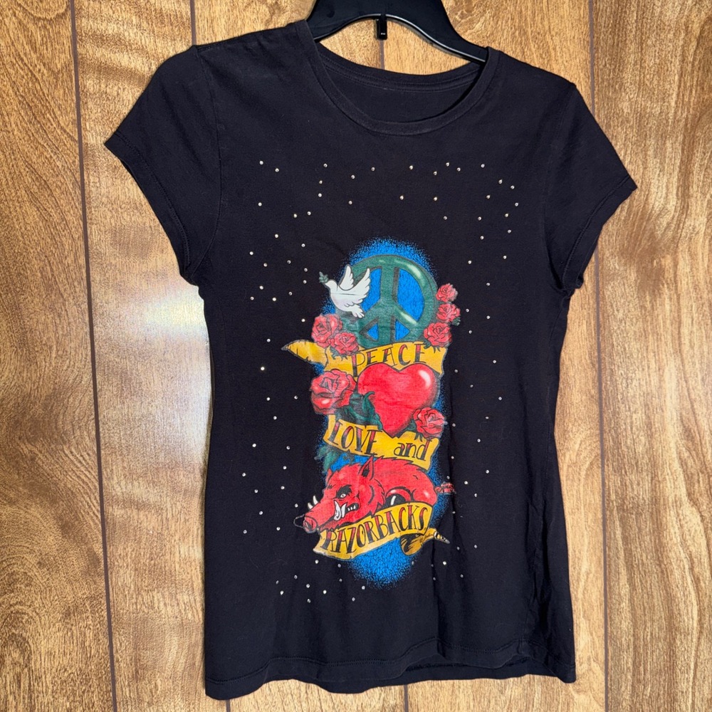 Arkansas Peace Love and Razorbacks Rhinestone Graphic Tee Sporty Fans Black S